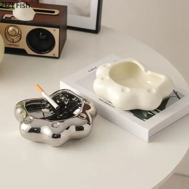 Shiny silver ceramic cloud cat paw porcelain ashtray with rounded edges for decorbites cat paw living room gift