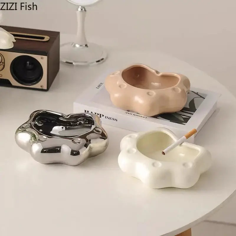 Three cloud-shaped cat paw porcelain ashtrays in silver beige and white for living room decorbites cat paw gift