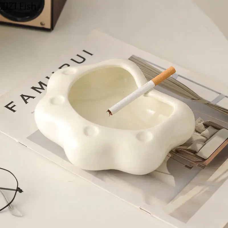 White ceramic cloud cat paw porcelain ashtray with wavy design and circular indentations for living room decorbites cat paw