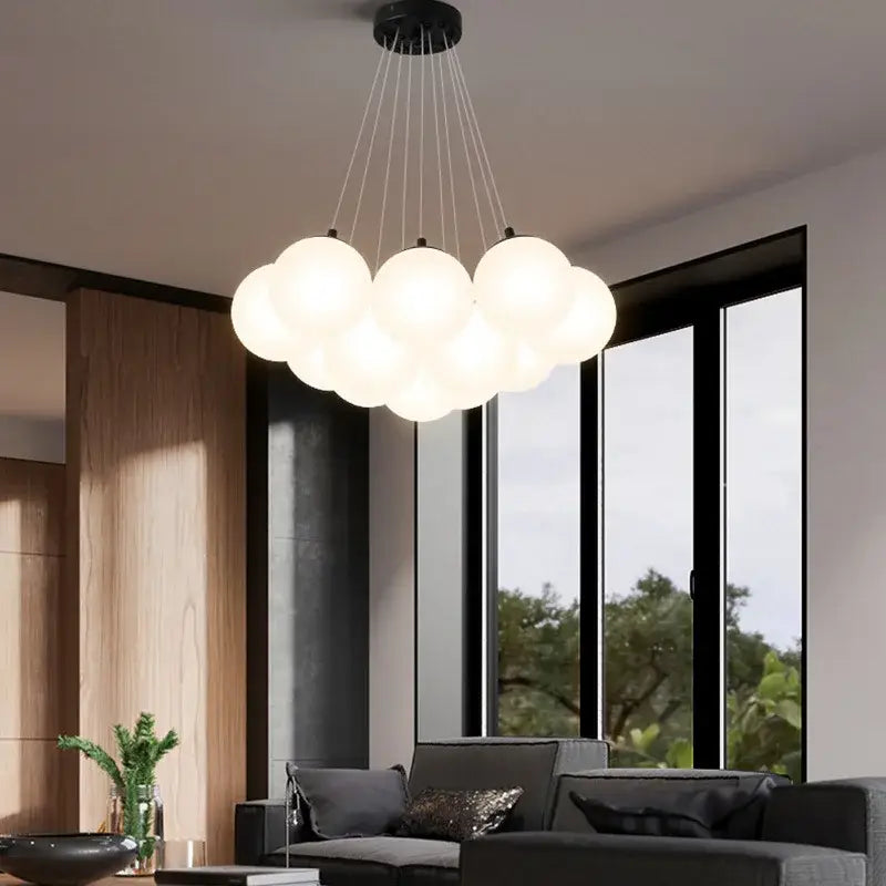 Modern cloud-shaped pendant lights with frosted glass ball led globes and sleek black ceiling fixture for bedroom decorbites decor