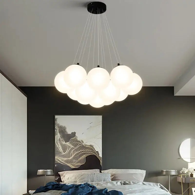 Modern cloud glass ball led pendant lights with frosted glass spheres and black ceiling mount for bedroom decorbites decor