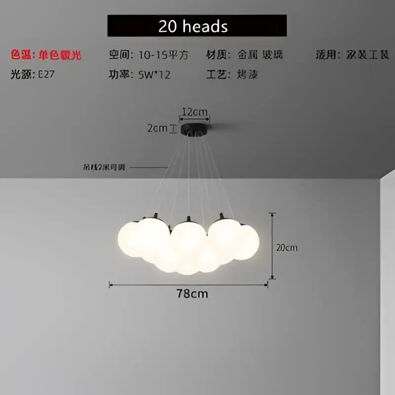 Cloud glass ball led pendant lights featuring 20 frosted glass globes on a black metal fixture for bedroom decor