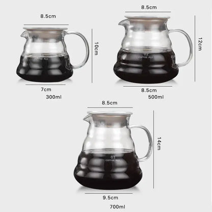 Three clear glass cloud glass coffee kettles with silver handles in 300ml, 500ml, and 700ml capacities by decorbites