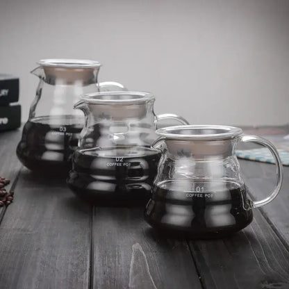 Three clear glass cloud glass coffee kettles with silver handles marked 01 02 and 03 for kitchen use decorbites cloud glass