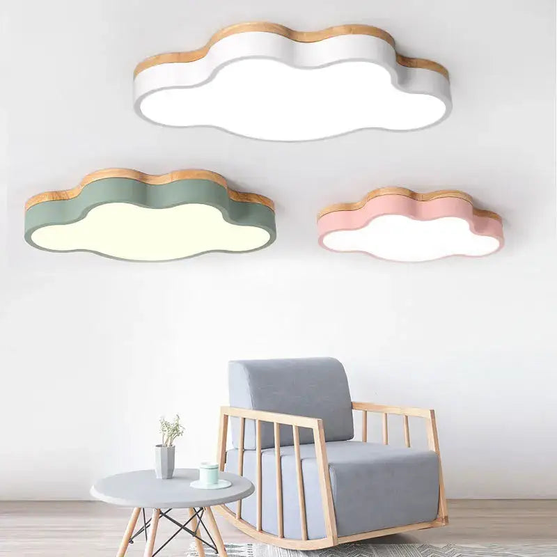 Three cloud shaped led baby chandelier lights with wooden trim in white sage green and pink for bedroom decorbites cloud led