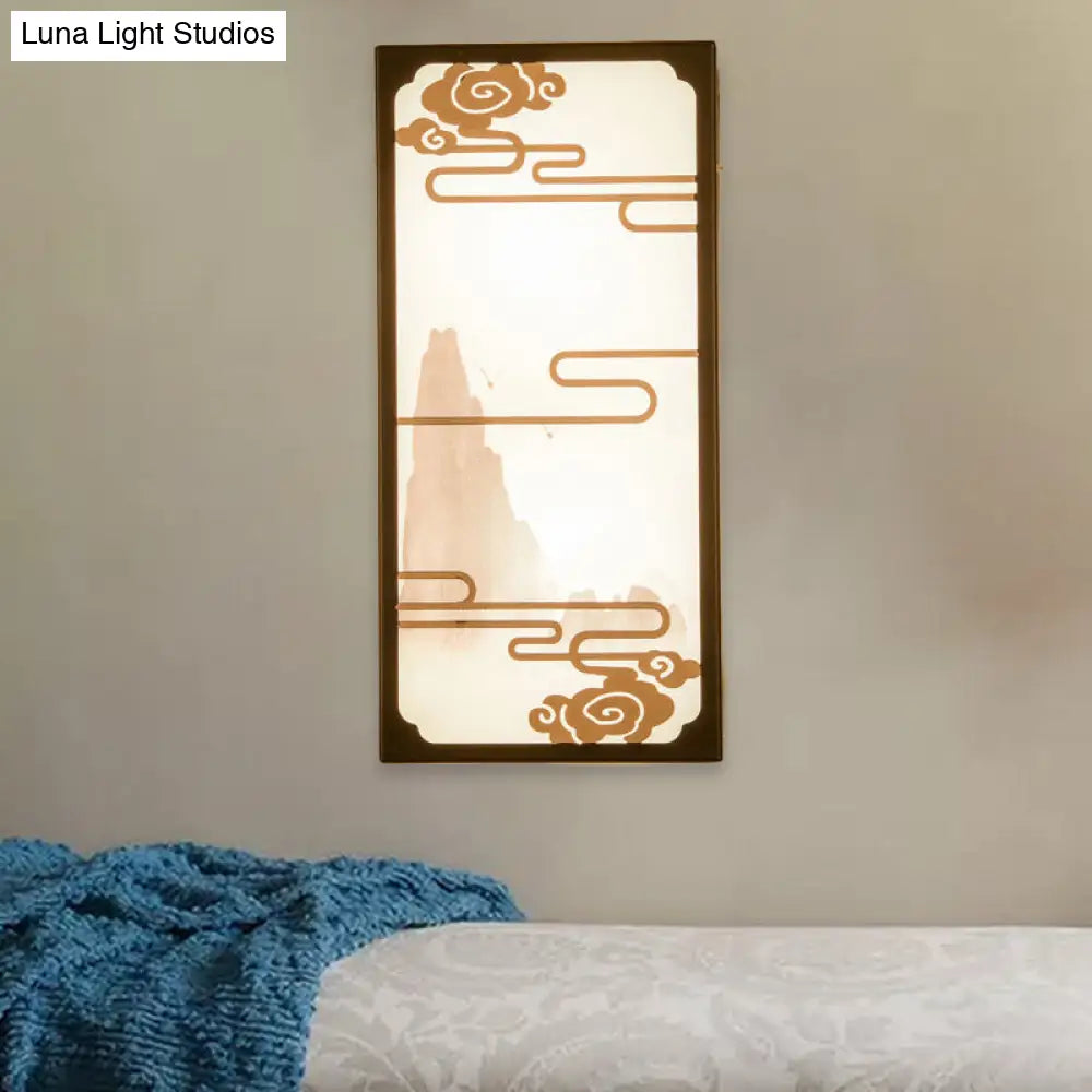 Lámpara de pared asiática con estampado de nubes para dormitorio, con 2 luces y diseño mural en forma de caja.