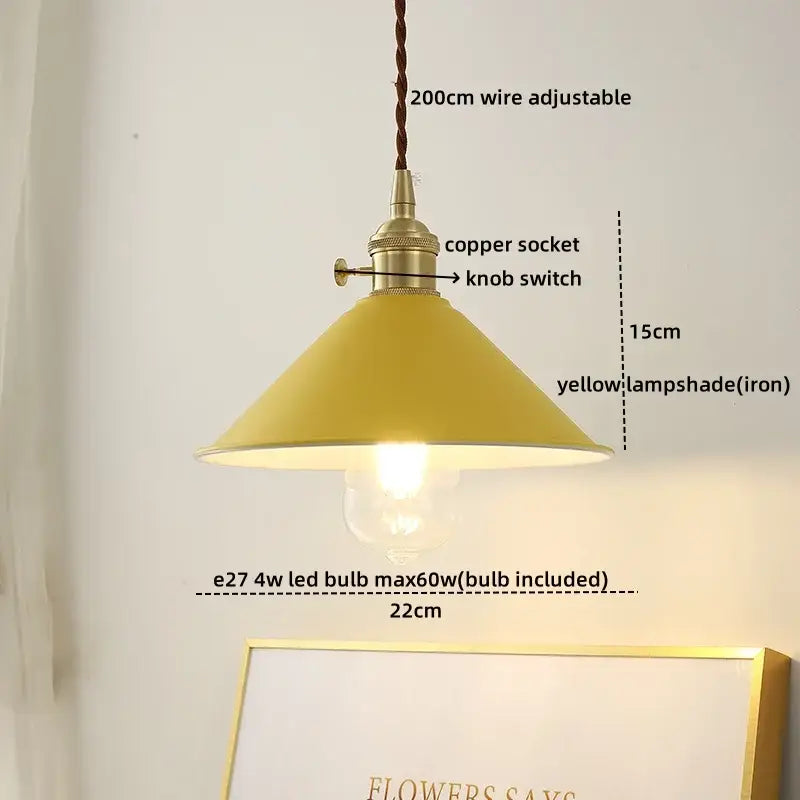 Yellow iron lampshade with copper socket and knob switch pendant light suspended by 200cm braided wire decorbites ceramic led