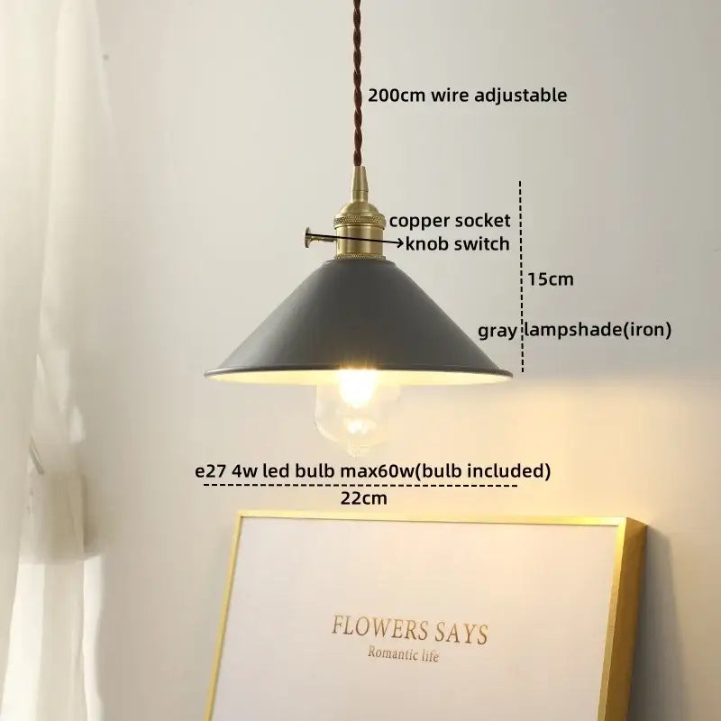 Industrial-style pendant light with matte gray iron shade brass-finished socket and adjustable cord for dining room decorbites ceramic led