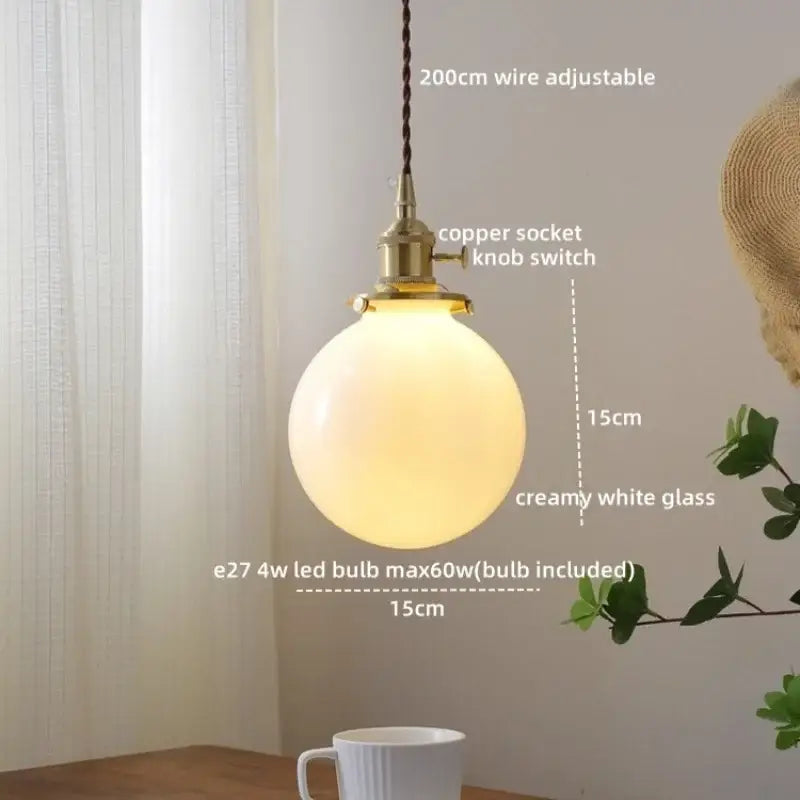 Creamy white glass globe ceramic led pendant light with brass copper socket and knob switch for dining room decorbites ceramic led
