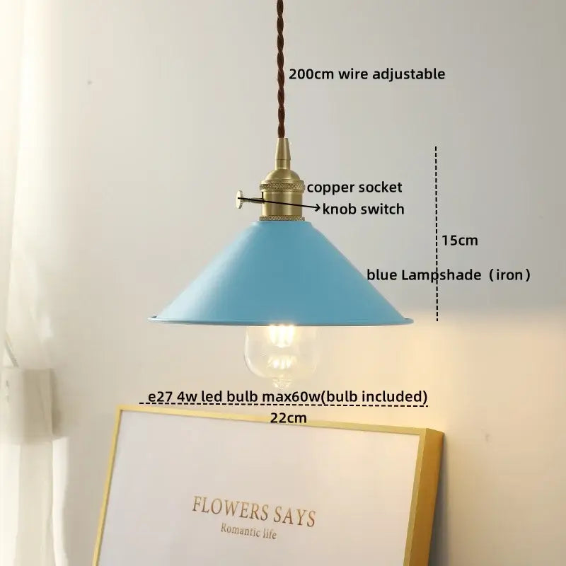 Blue iron lampshade ceramic led pendant light with brass copper socket and knob switch for dining room decorbites ceramic led