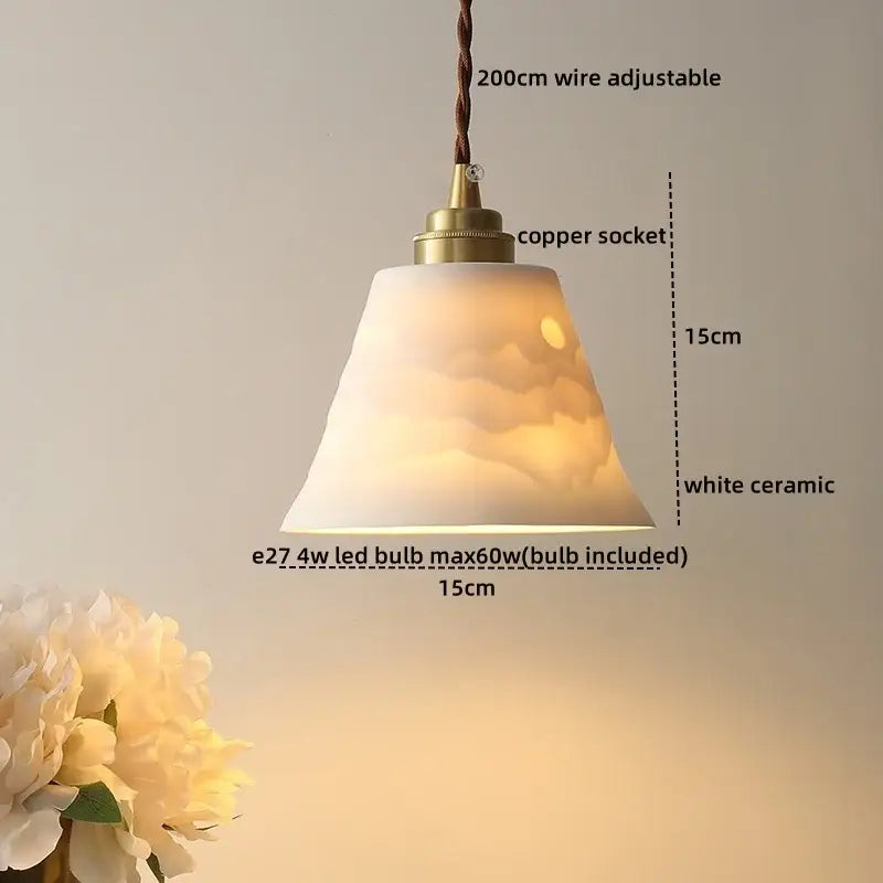 Cloud patterned white ceramic led pendant light with brass copper socket by decorbites for dining room decor