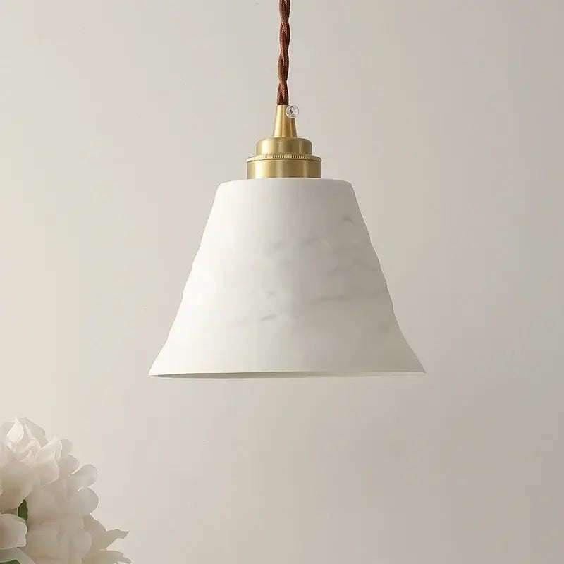 White marble textured ceramic led pendant light with brass fixture and twisted brown cord for dining room decorbites ceramic led