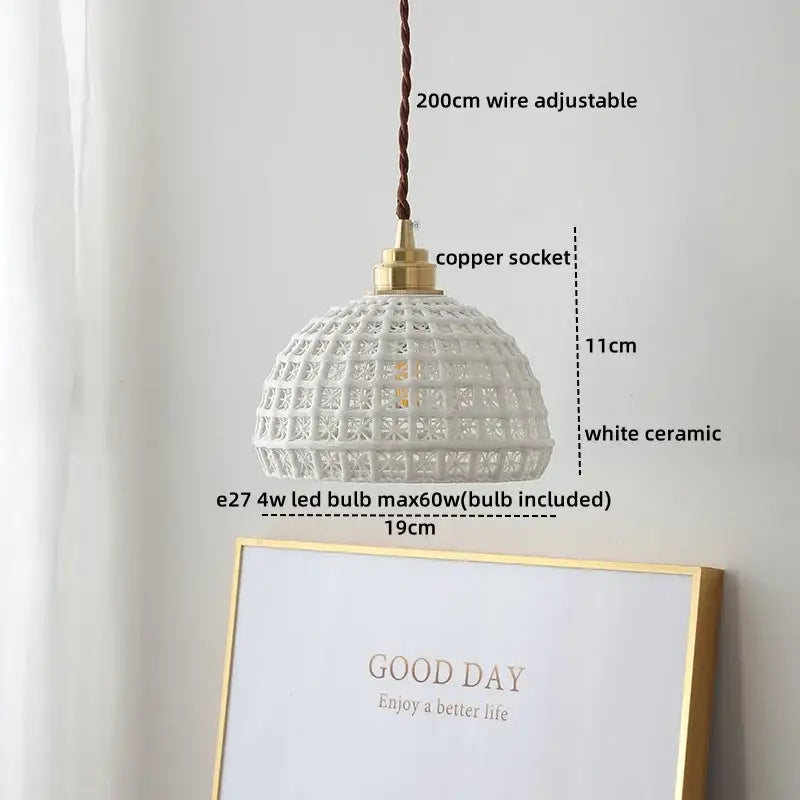 White ceramic led pendant light with woven lattice design and brass copper socket for dining room decorbites ceramic led