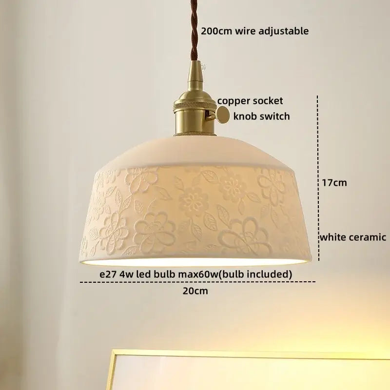 White ceramic led pendant light with embossed floral cloud pattern and brass copper socket decorbites ceramic led for dining room