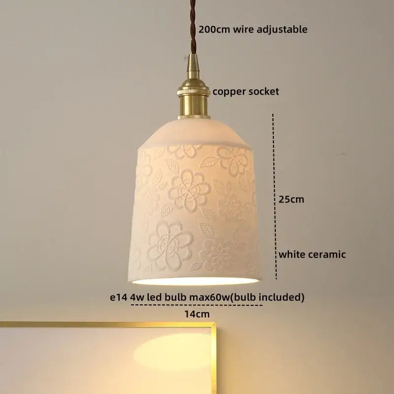 White ceramic pendant light with embossed floral design brass copper socket and adjustable 200cm wire decorbites ceramic led