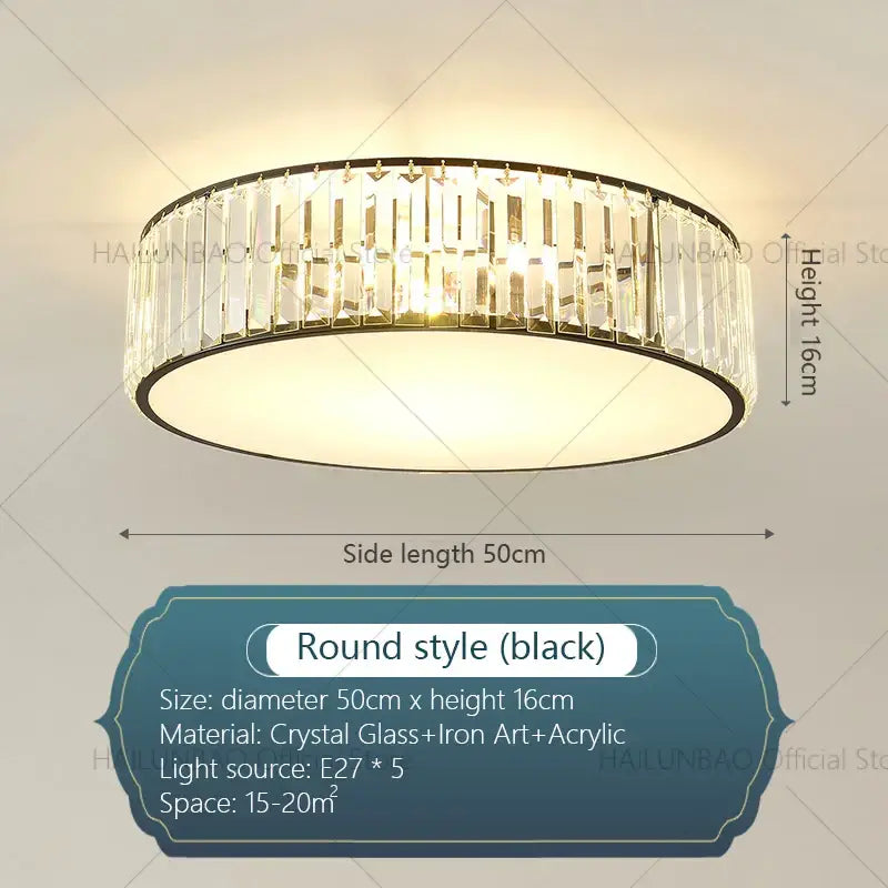 A sleek black crystal zen ceiling light with faceted glass ring iron art accents and acrylic diffuser for living room decorbites