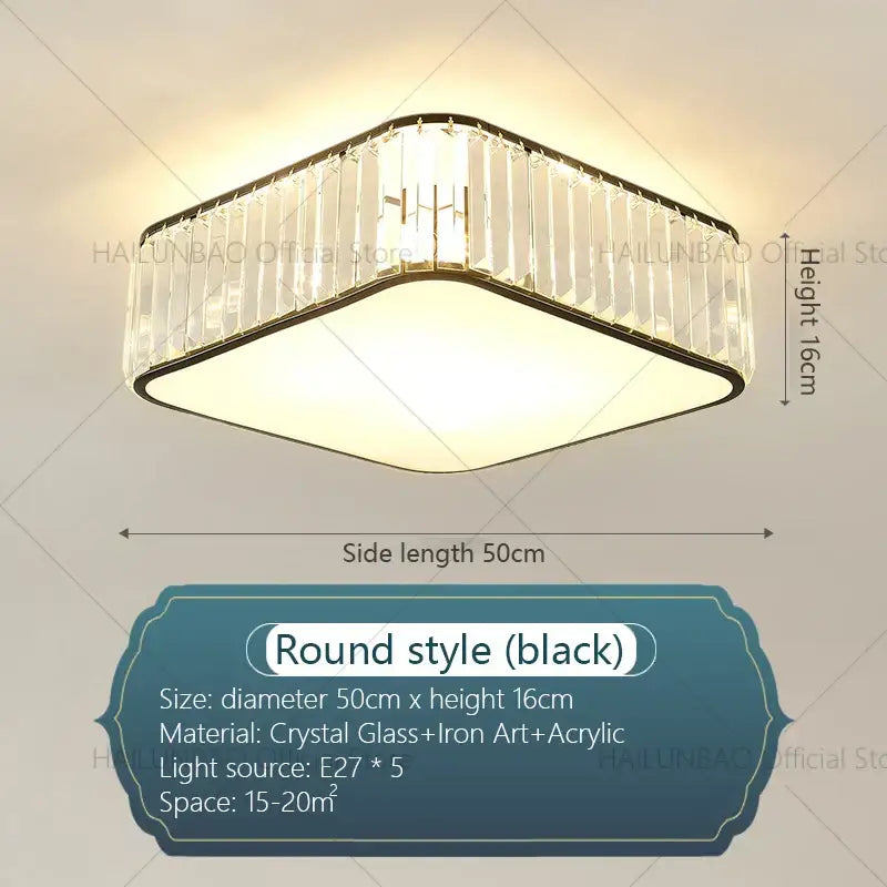 Square-shaped ceiling light fixture with black iron frame, crystal glass prisms, and acrylic diffuser panel for decorbites crystal zen ceiling