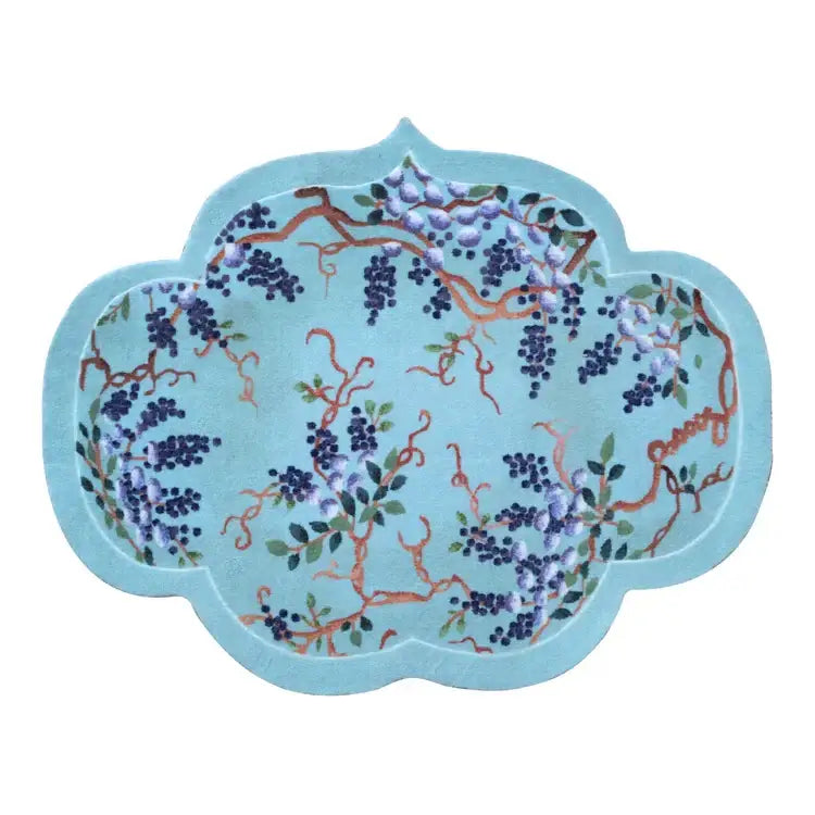 A light blue cloud shaped bedroom door mat with embroidered purple wisteria grape vine chinoiserie decorbites design