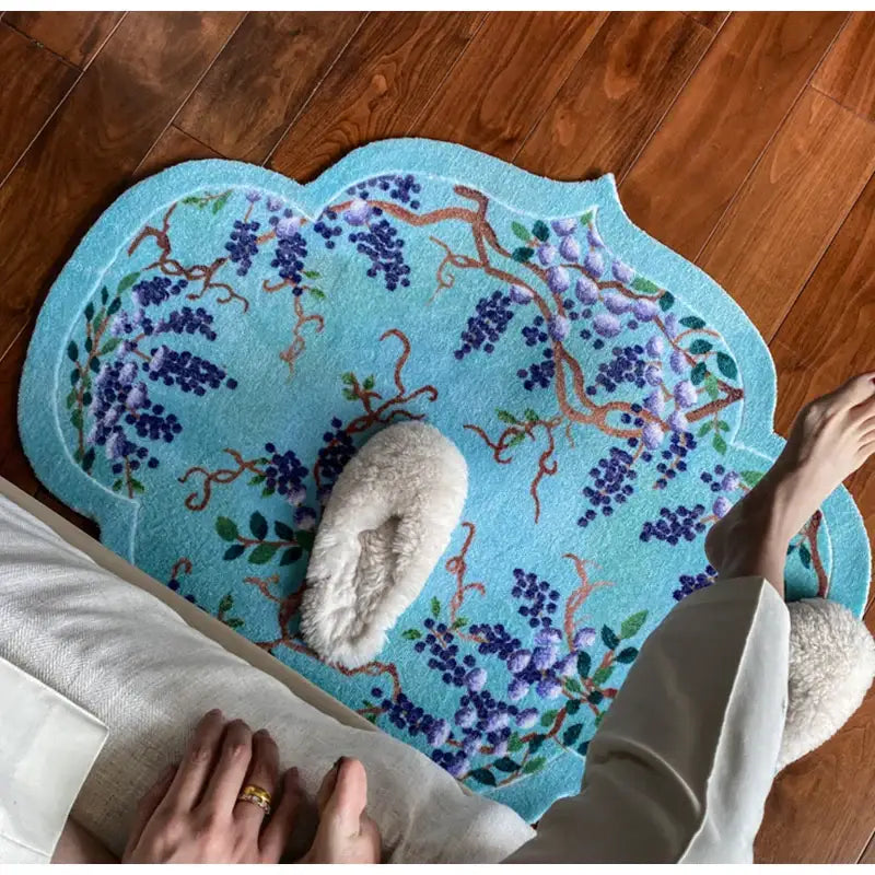 Cloud shaped teal door mat with plush texture and embroidered purple wisteria vines for decorbites grape vine decor