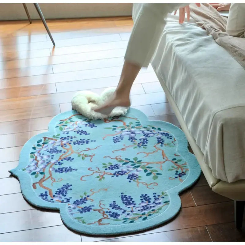 Cloud shaped light blue door mat with purple and green wisteria grape vine chinoiserie decorbites design