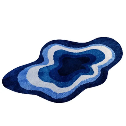 Blue agate-shaped bath rug with concentric navy medium blue light blue and white rings for decorbites cloudy blues wavy retro bathroom decor