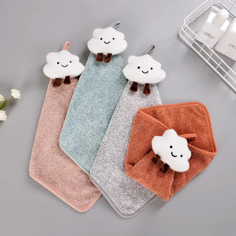 Soft plush decorbites cloudy day hand towels in pastel pink blue gray and terracotta with fluffy cloud charms