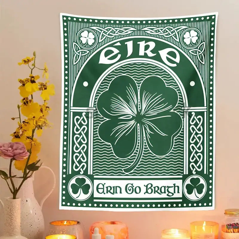 Green and white irish-themed clover psychedelic gothic wall tapestry with four-leaf clover and celtic knotwork decorbites design