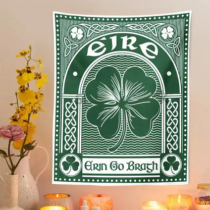 Green and white irish-themed clover psychedelic gothic wall tapestry with four-leaf clover and celtic knotwork decorbites design