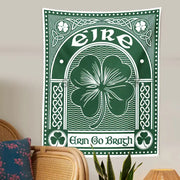 Green and white irish-themed tapestry with central four-leaf clover and celtic knotwork borders clover psychedelic gothic wall decor