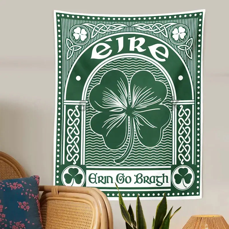 Green and white irish-themed tapestry with central four-leaf clover and celtic knotwork borders clover psychedelic gothic wall decor