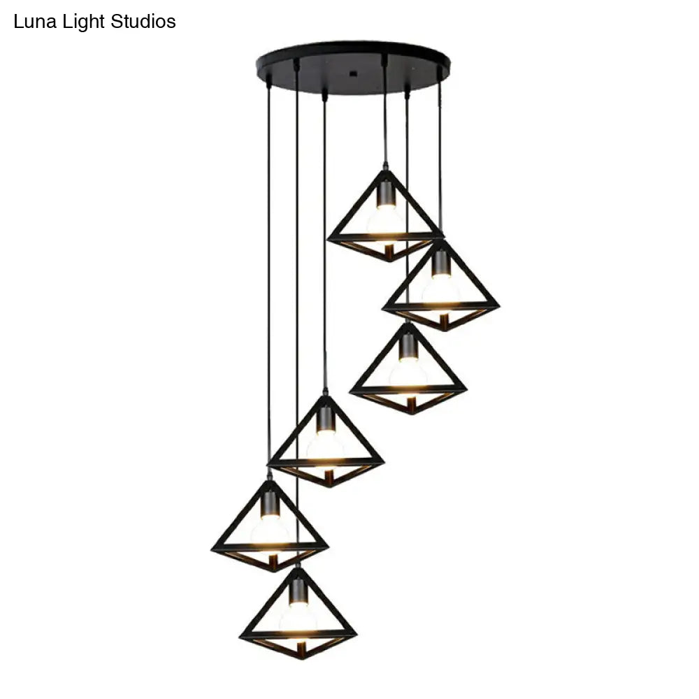 Cluster Pendant Cage Lamp: Loft Style Stairs Ceiling Light with 6 Metal Shades in Black