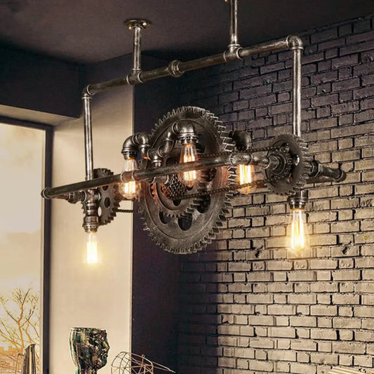 DecorBites™ Coastal 6-Light Metal Island Pendant with Gear Design in Silver Gray