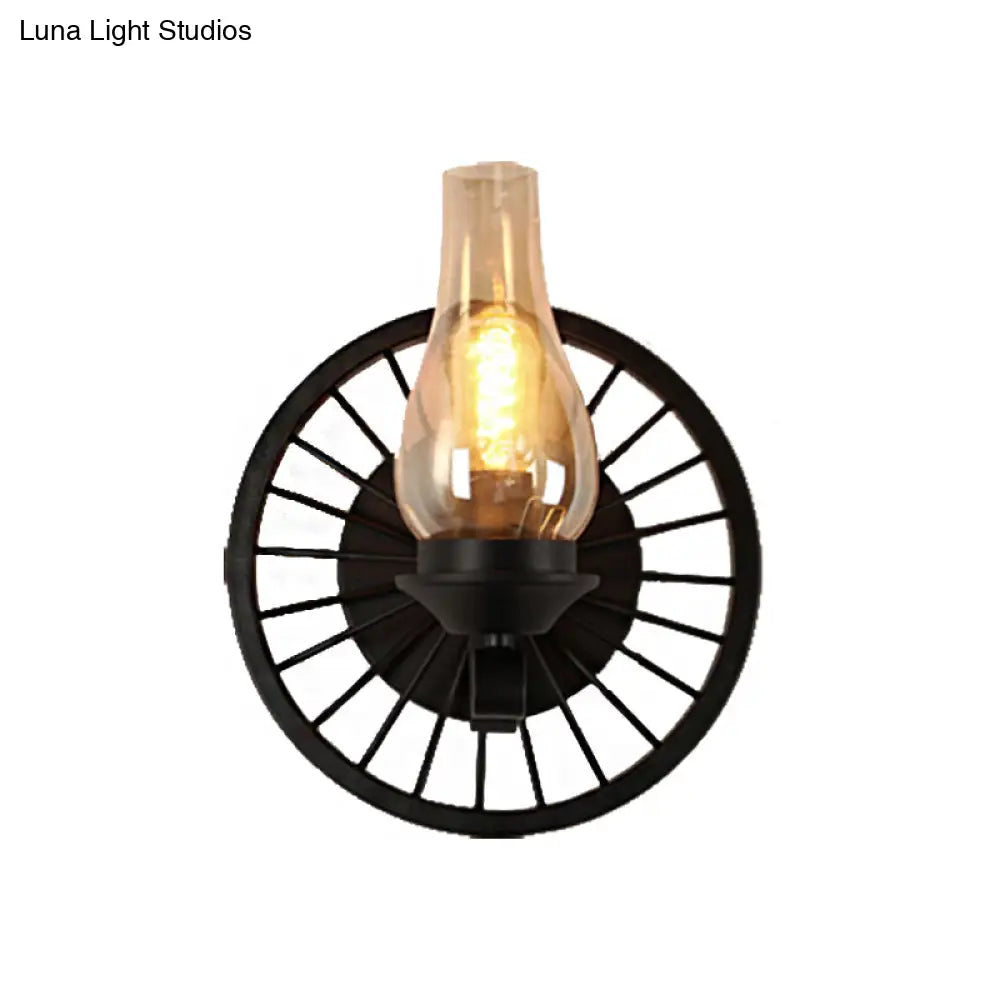 Aplique de pared de cristal ámbar costero - Lámpara de comedor con pantalla de jarrón, luz negra de media luz y diseño de rueda