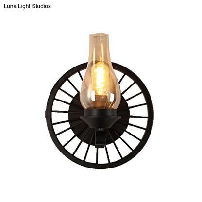 Aplique de pared de cristal ámbar costero - Lámpara de comedor con pantalla de jarrón, luz negra de media luz y diseño de rueda