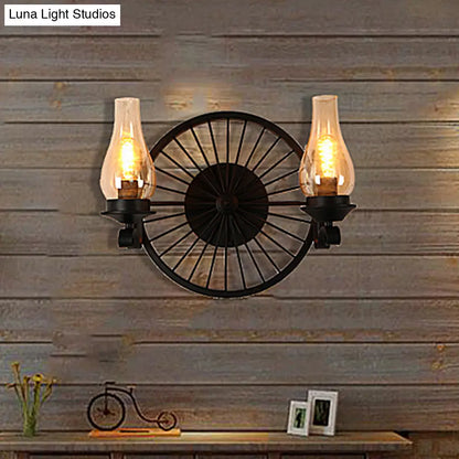 Aplique de pared de cristal ámbar costero - Lámpara de comedor con pantalla de jarrón, luz negra de media luz y diseño de rueda