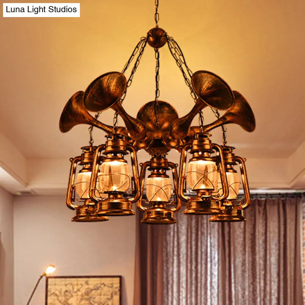 Coastal Antique Brass Lantern Shade Ceiling Lamp with Clear Glass - Dining Room Pendant Chandelier (3/5 Bulb Option)