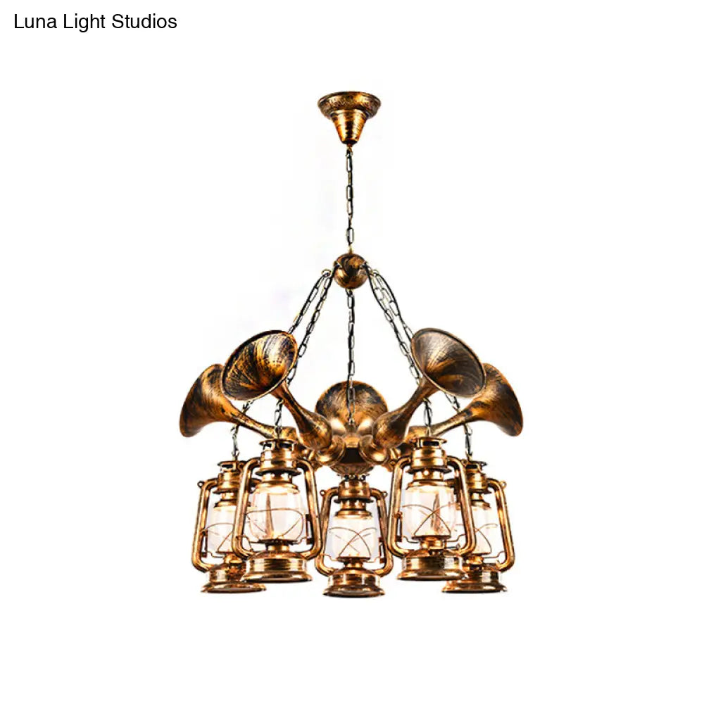 Coastal Antique Brass Lantern Shade Ceiling Lamp with Clear Glass - Dining Room Pendant Chandelier (3/5 Bulb Option)