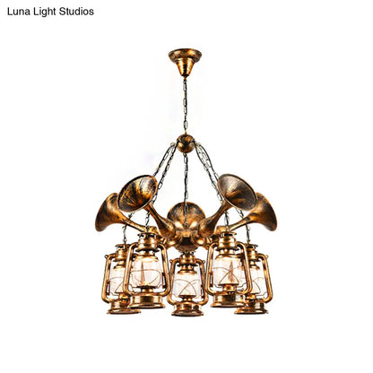 Coastal Antique Brass Lantern Shade Ceiling Lamp with Clear Glass - Dining Room Pendant Chandelier (3/5 Bulb Option)