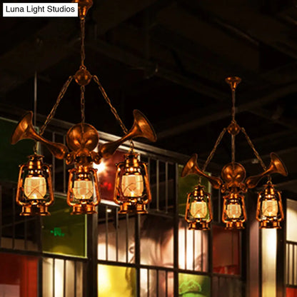 Coastal Antique Brass Lantern Shade Ceiling Lamp with Clear Glass - Dining Room Pendant Chandelier (3/5 Bulb Option)