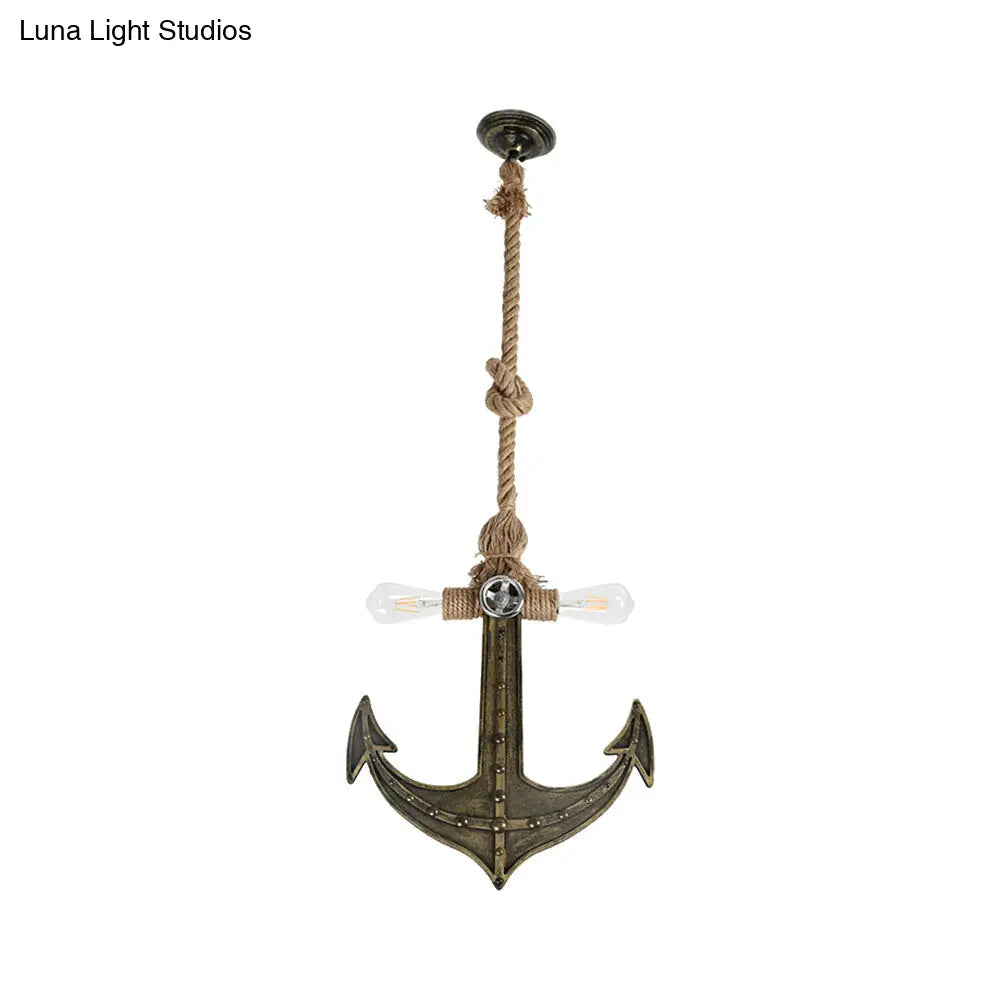 Coastal Antique Bronze/Silver Gray Rope Pendant Chandelier for Dining Room - 2-Light Exposed Bulb Fixture