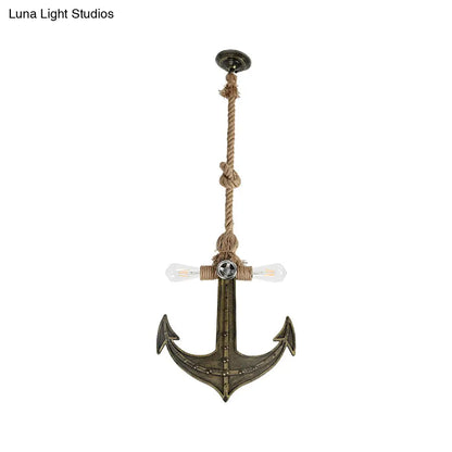 Coastal Antique Bronze/Silver Gray Rope Pendant Chandelier for Dining Room - 2-Light Exposed Bulb Fixture