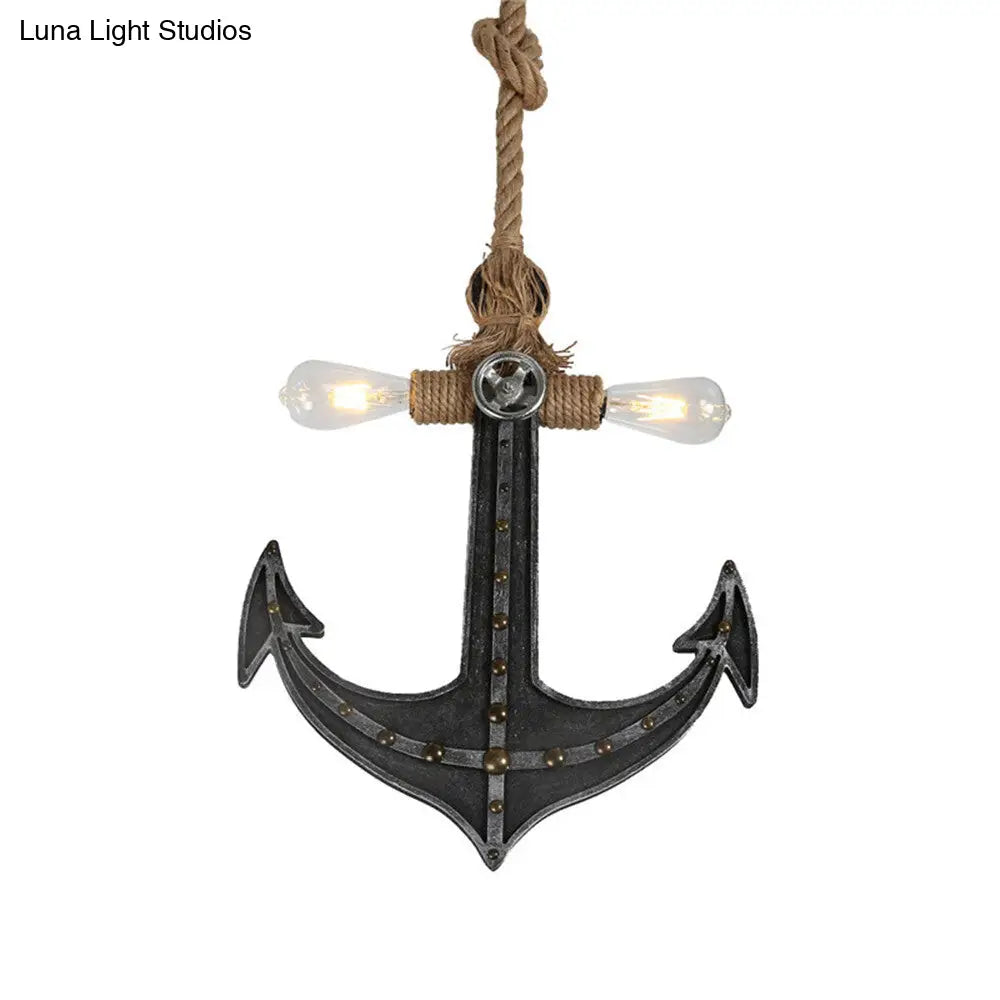 Coastal Antique Bronze/Silver Gray Rope Pendant Chandelier for Dining Room - 2-Light Exposed Bulb Fixture