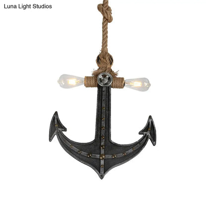 Coastal Antique Bronze/Silver Gray Rope Pendant Chandelier for Dining Room - 2-Light Exposed Bulb Fixture