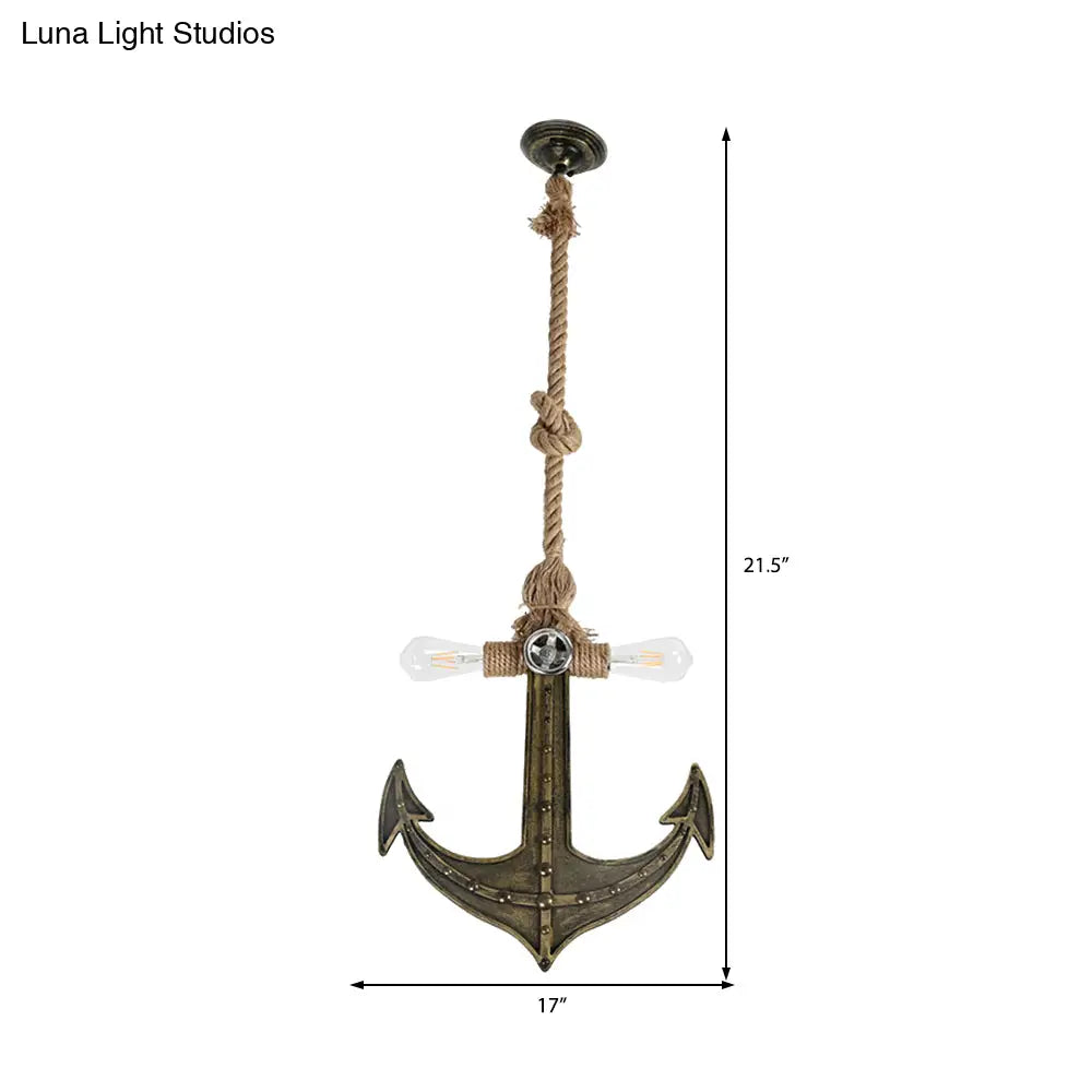 Coastal Antique Bronze/Silver Gray Rope Pendant Chandelier for Dining Room - 2-Light Exposed Bulb Fixture