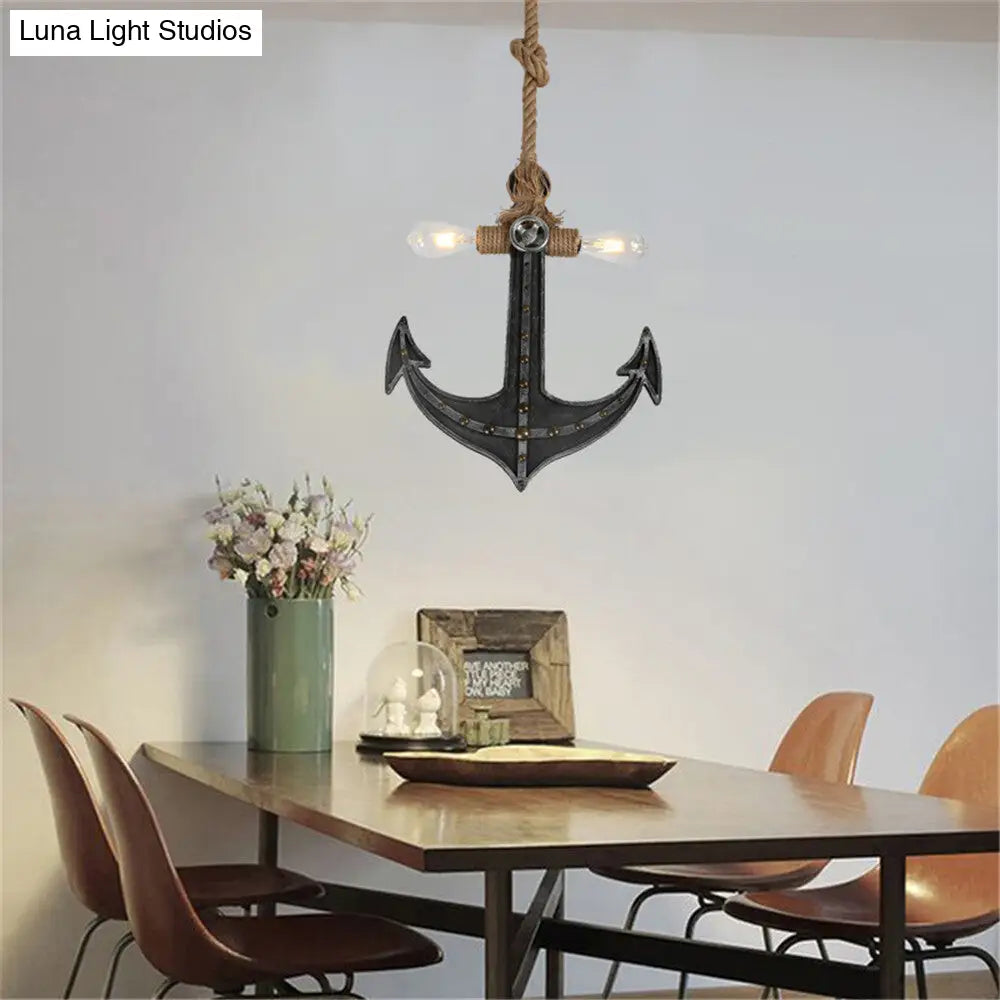 Coastal Antique Bronze/Silver Gray Rope Pendant Chandelier for Dining Room - 2-Light Exposed Bulb Fixture