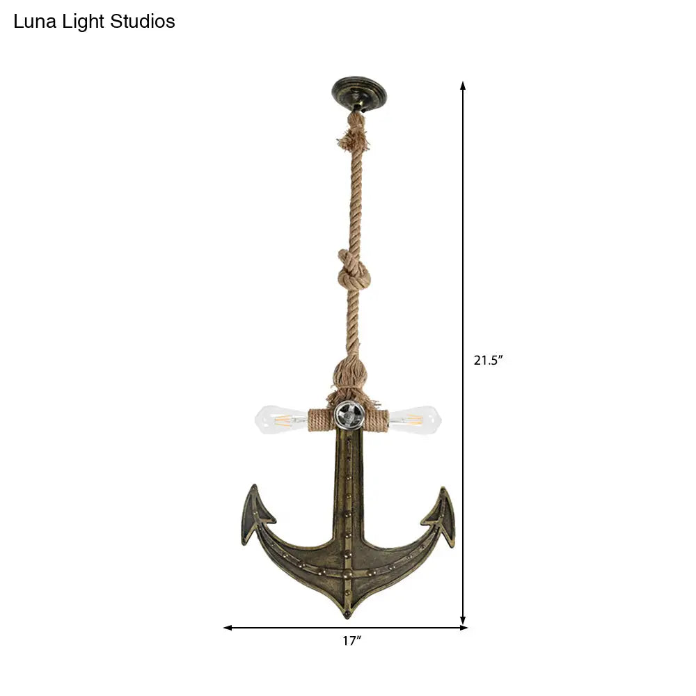 Coastal Antique Bronze/Silver Gray Rope Pendant Chandelier for Dining Room - 2-Light Exposed Bulb Fixture