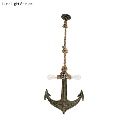 Coastal Antique Bronze/Silver Gray Rope Pendant Chandelier for Dining Room - 2-Light Exposed Bulb Fixture