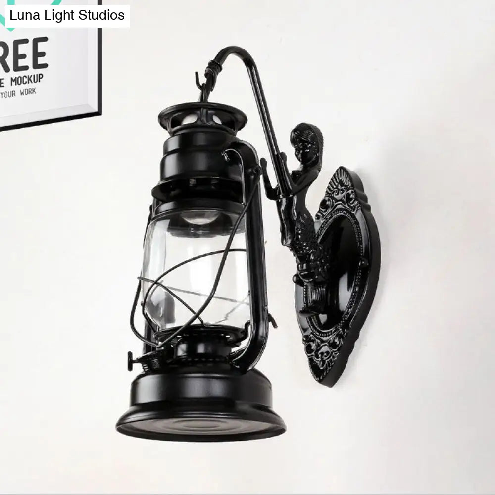 Aplique de pared estilo costero con pantalla de farol - Aplique de cristal transparente en negro/latón antiguo/cobre envejecido con sirena