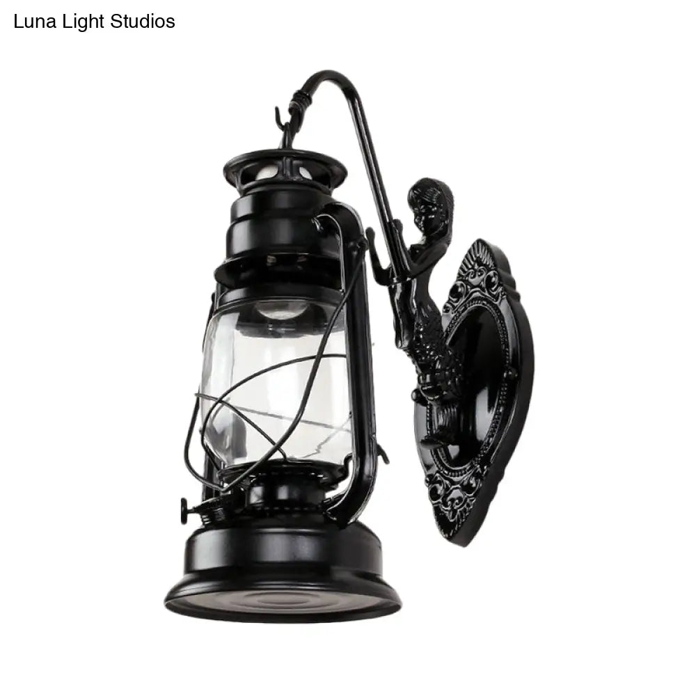 Aplique de pared estilo costero con pantalla de farol - Aplique de cristal transparente en negro/latón antiguo/cobre envejecido con sirena