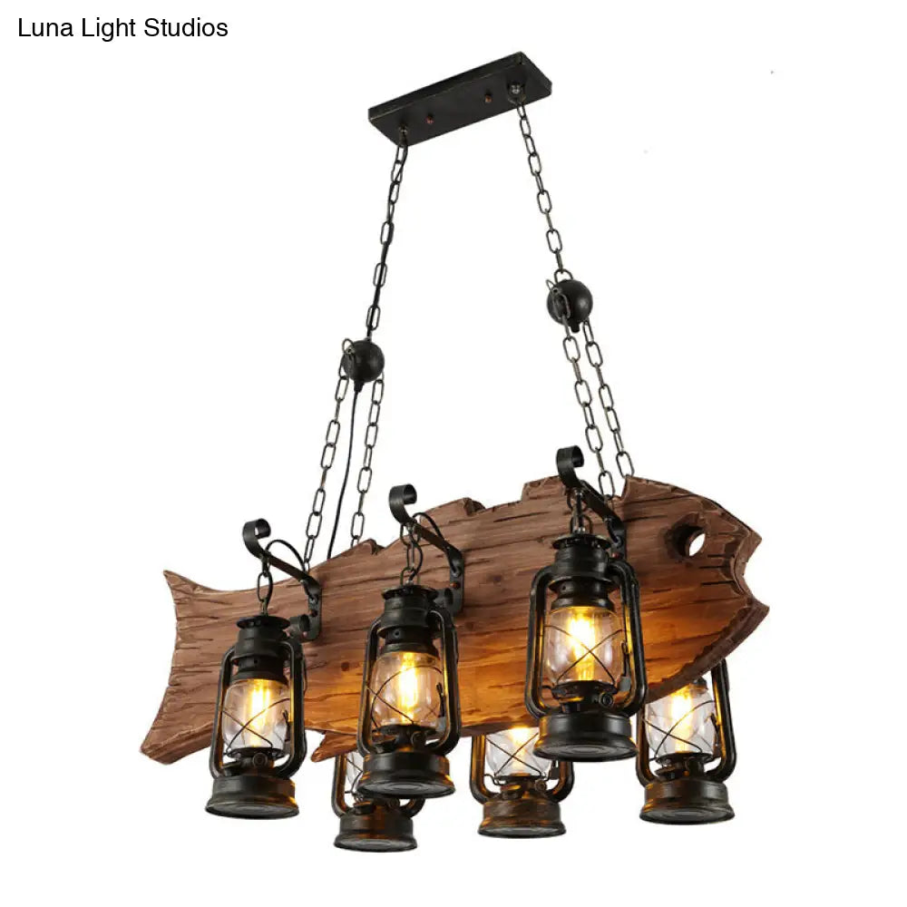 Coastal Black Kerosene Chandelier with Clear Glass and Wood Fish - 6 Heads for Restaurant Pendant Lighting